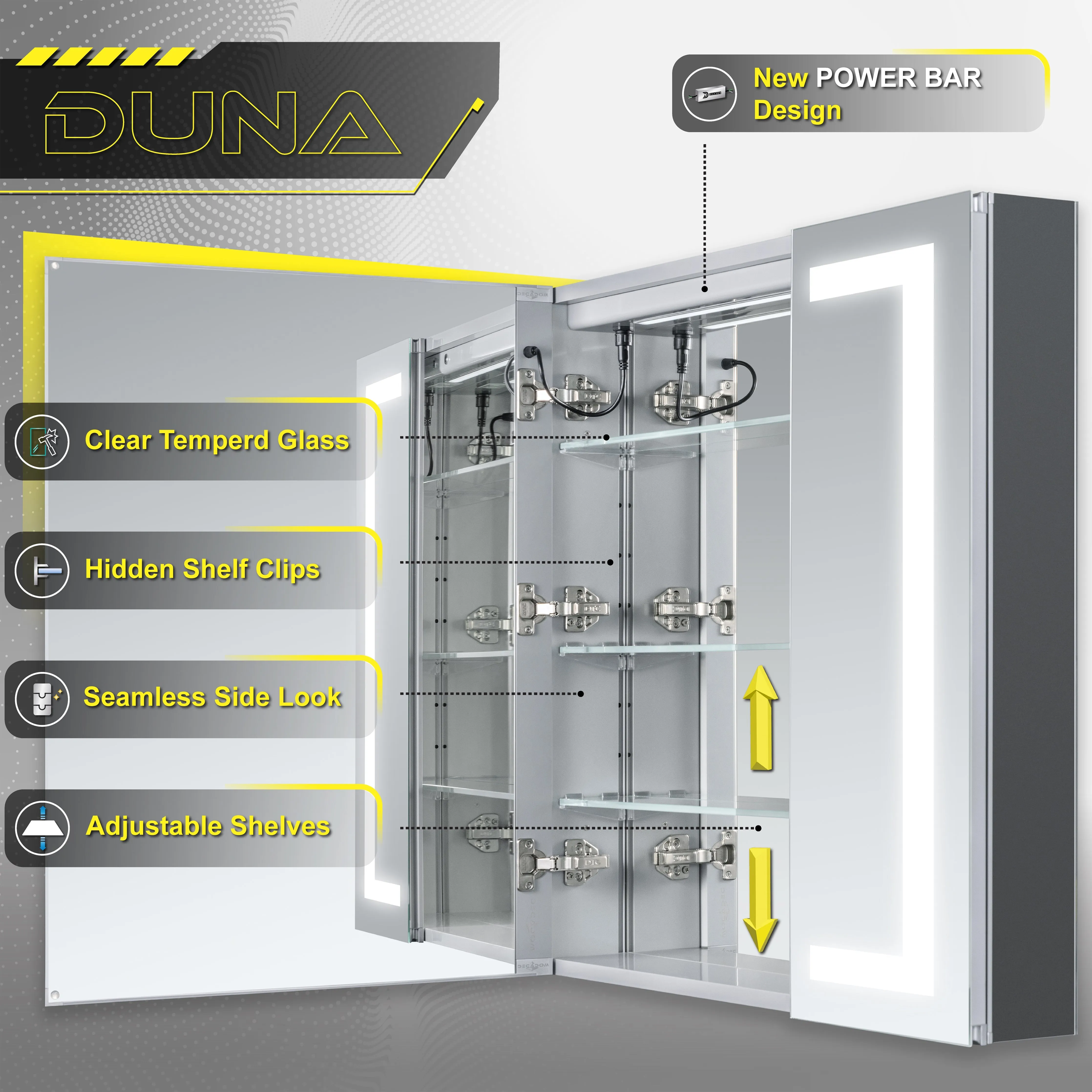 DECADOM LED Mirror Medicine Cabinet Recessed or Surface, Dimmer, Clock, Room Temp Display, Dual Outlets Duna 36x32